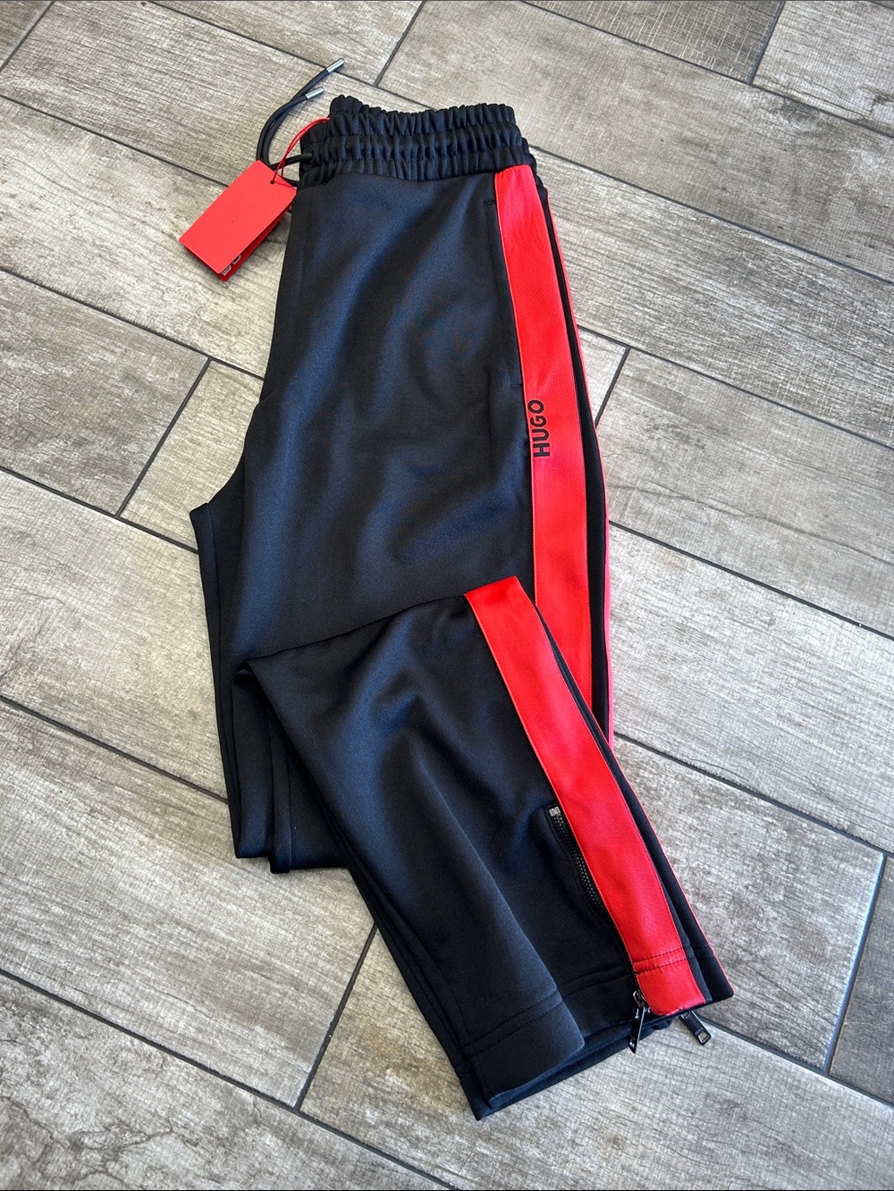 100% Hugo Boss by HUGO Black Joggers with Red Side Panels NWT